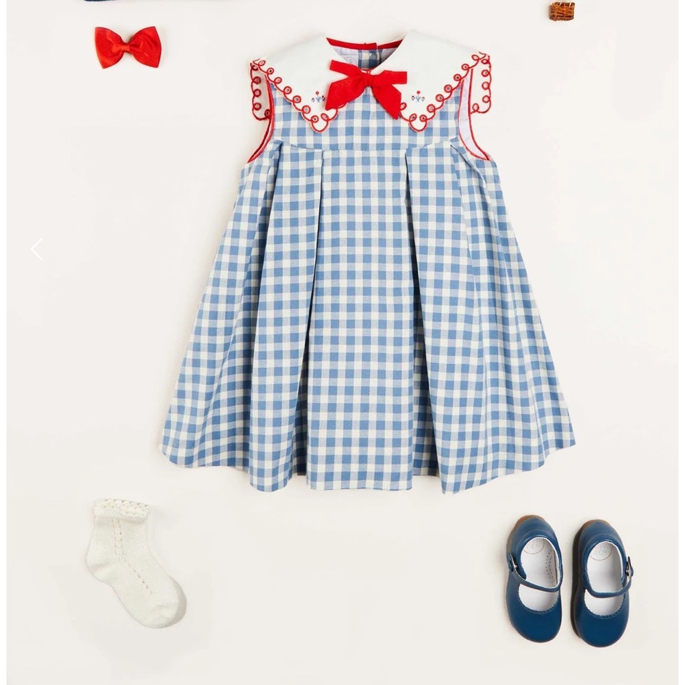 Blue Gingham Sleeveless Dress with Red Accents